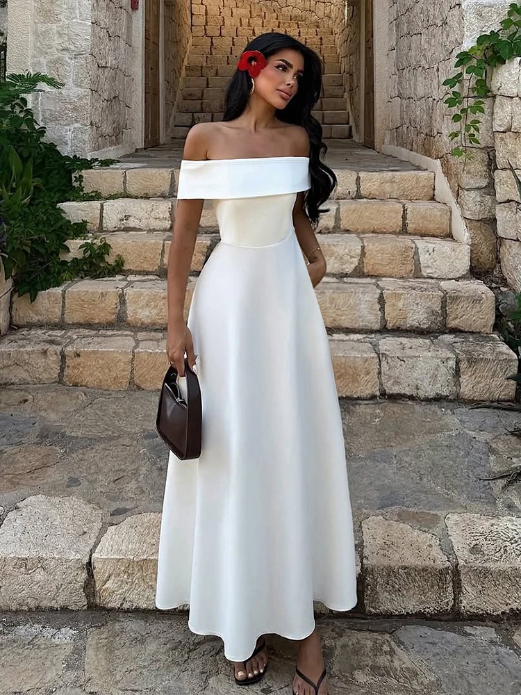 Kliou clásico A-line vestido largo drapeado Simple sólido fuera del hombro espalda descubierta ceñido al cuerpo mujer verano básico Hipster Vestidos de calle
