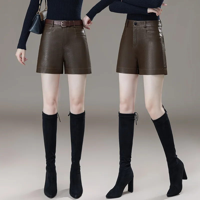 

Модные элегантные кожаные шорты для женщин, осенне-зимний новый корейский стиль, высокая талия, для похудения, универсальный, верхняя одежда Boo
