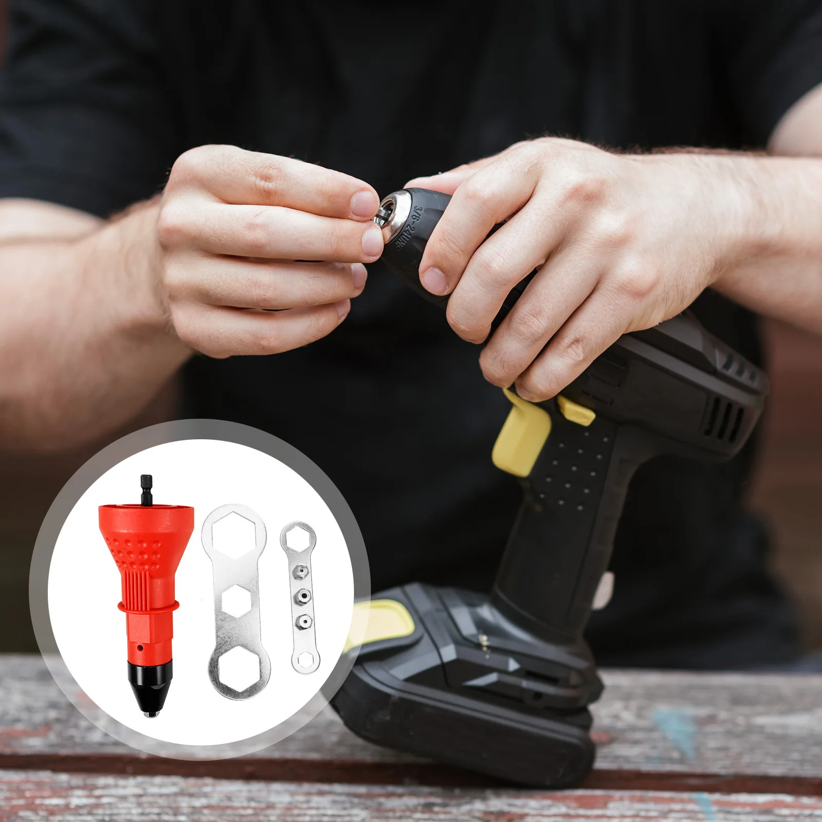 อะแดปเตอร์เครื่องมือย้ำหมุดไฟฟ้า ดีไซน์พลาสติกที่แม่นยำ สำหรับติดตั้งกับสว่าน ตัวแปลงเครื่องย้ำหมุด