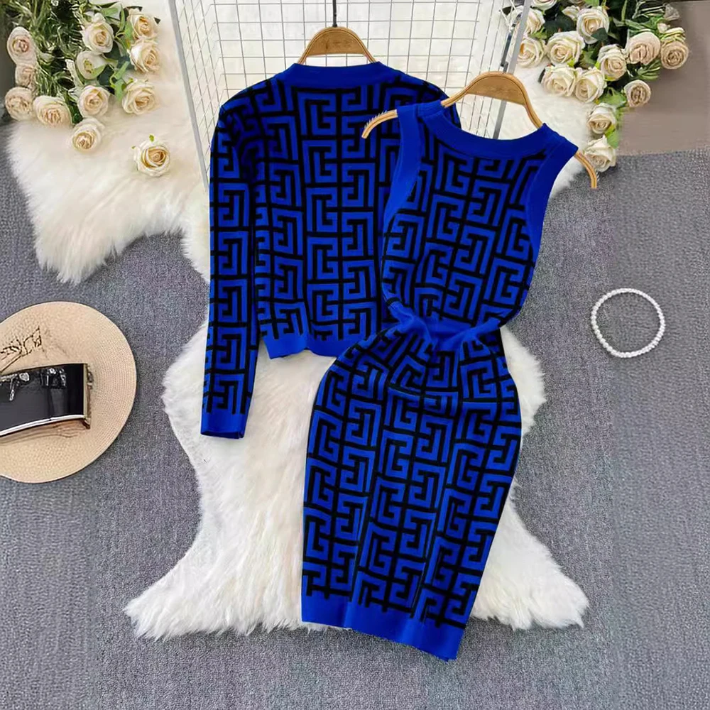 Elegant Women Knitted 2 Piece Sets Korea Soft Vintage O-neck Cardigan Coats Tops Outfit Casual Sexy Sleeveless Dress Ensemble