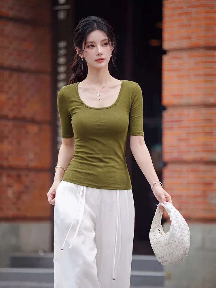 Harajuku Minimalist Olive Green U-neck Form-fitting Top Elbow Half Sleeve Ribbed Casual T-shirt For Women Multiple Color Options