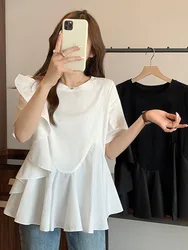 Ruffles Women T-shirts Solid Summer Korean Fashion Short Sleeve Casual Loose Camisetas O Neck Vintage Blusas Mujer Top