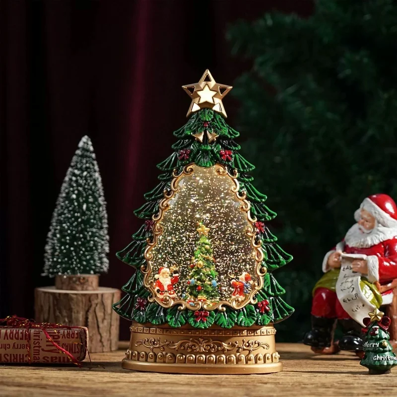 LED Snow Globe Music Box Christmas Santa Tree Decor with Light Rotating Snowfall Night Light Gift Xmas Home Office Decoration