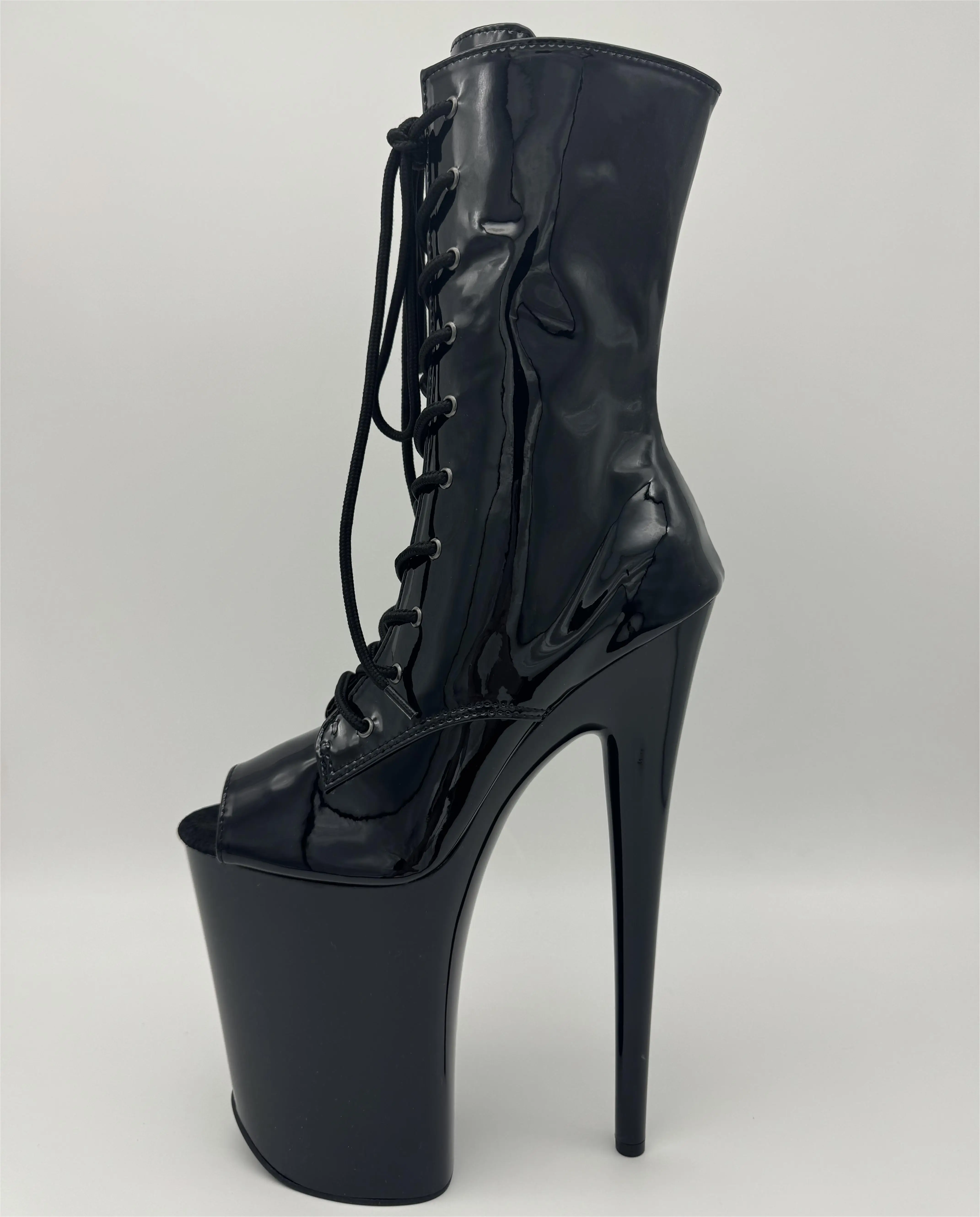 23cm patent leather high heel fish mouth boots, thin heel waterproof platform pole dance performance, model runway shoes