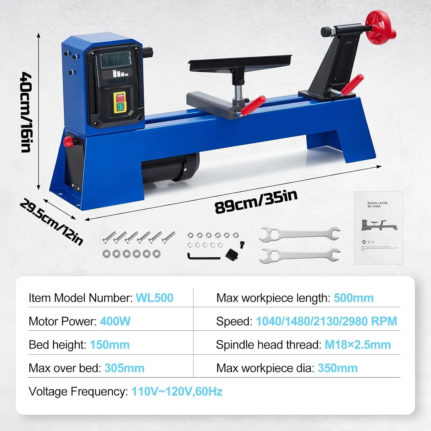 14x20Inch Benchtop Wood Lathe Machine with 0.5 HP 400W Metal Wood Turning Machine Grinding Polishing Beads Drill Rotary Tool Set  for Woodworking Infinitely Variable Speed (1040-2980 RPM), Includes Wrench & 2 Chisels