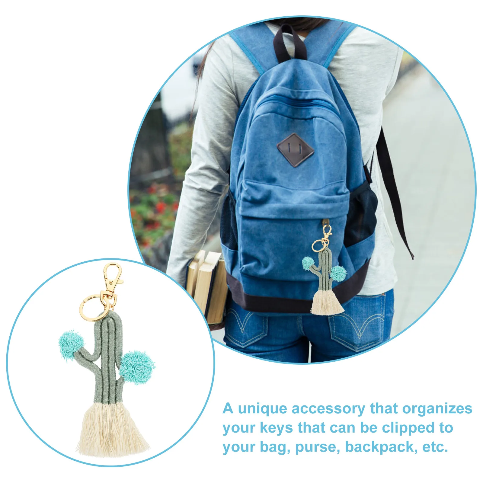 

Macrame Cactus Keychain Lobster Clasp Handwoven Bag Pendant Hanging Decor Boho Keyring Charm Gift for Women Tassel Keychain