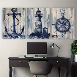 Vintage Nautical Wall Decor Set of 3 - Reusable Rectangular Canvas Posters with Lighthouse, Anchor, and Compass Patterns for Bed