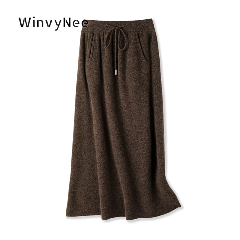 WinvyNee Womens A‑Line Knit Midi Skirts Warm 100% Wool Drawstring Waist Pocket Draped Soft Autumn Winter Bottom Apparel E1853018