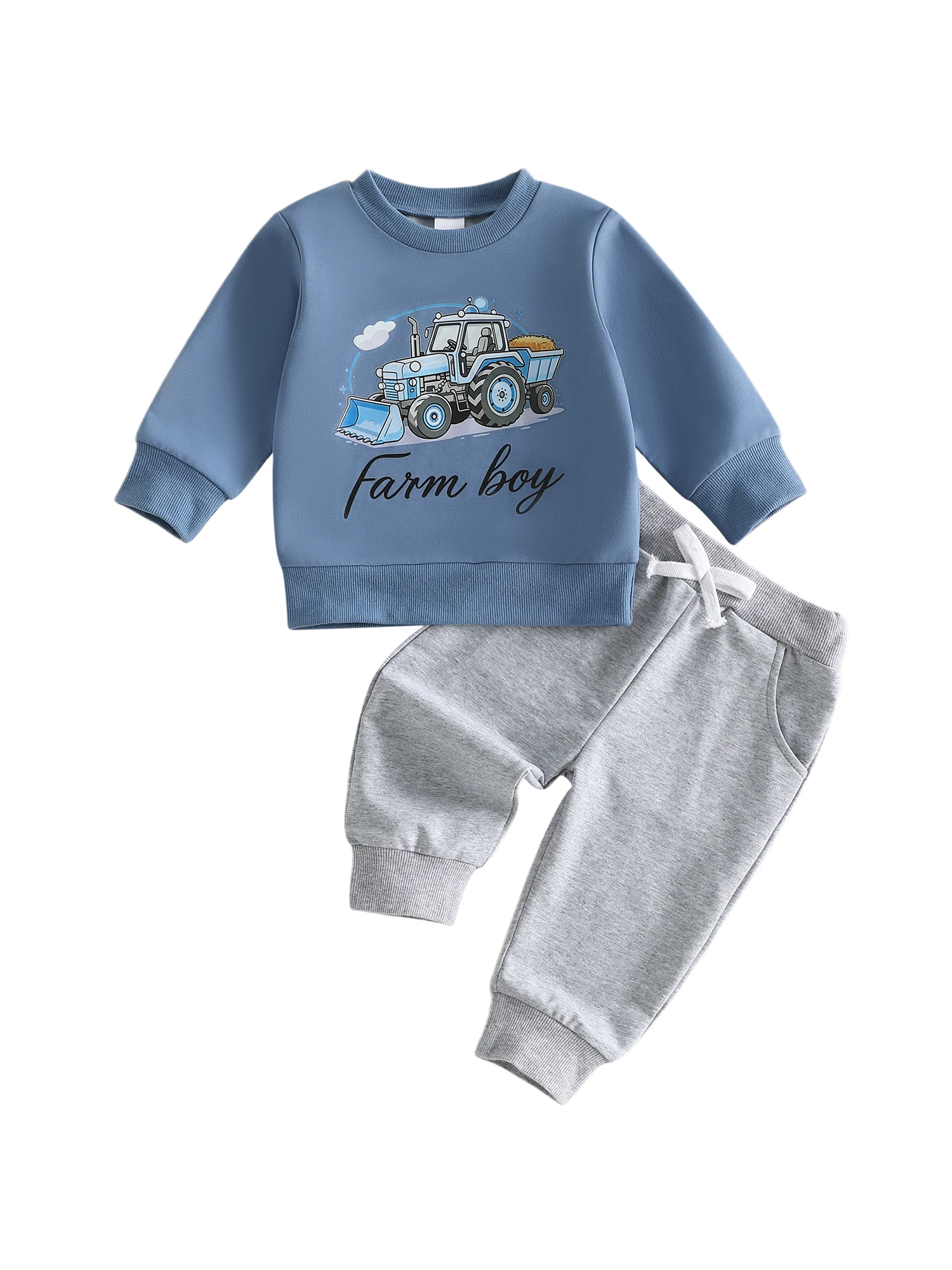 

Cute Baby Boys Girls Autumn Clothes Lovely Alphabet Tractor Patterned Shirt and Pants Set with Stretchy Waistband