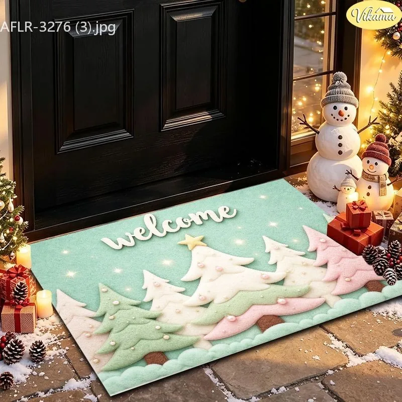 VIKAMA Christmas Doormat, Plush Santa Conductor, Musical Notes, Snowy Pine Scene, Soft Cozy, Front Door