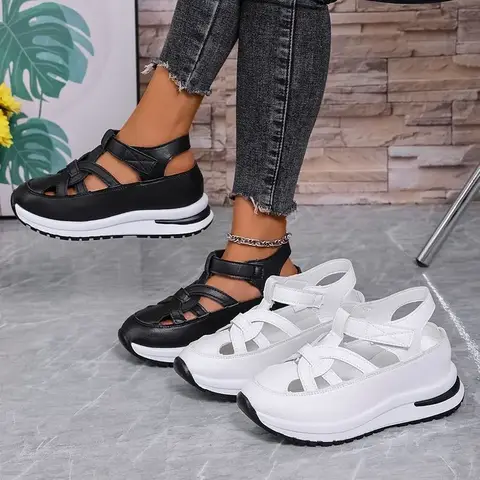 Women's Summer New Large Size Platform Sandals Breathable Magic Tape Head Cover Hollow out Rubber Bottom Thick Heel Shoes