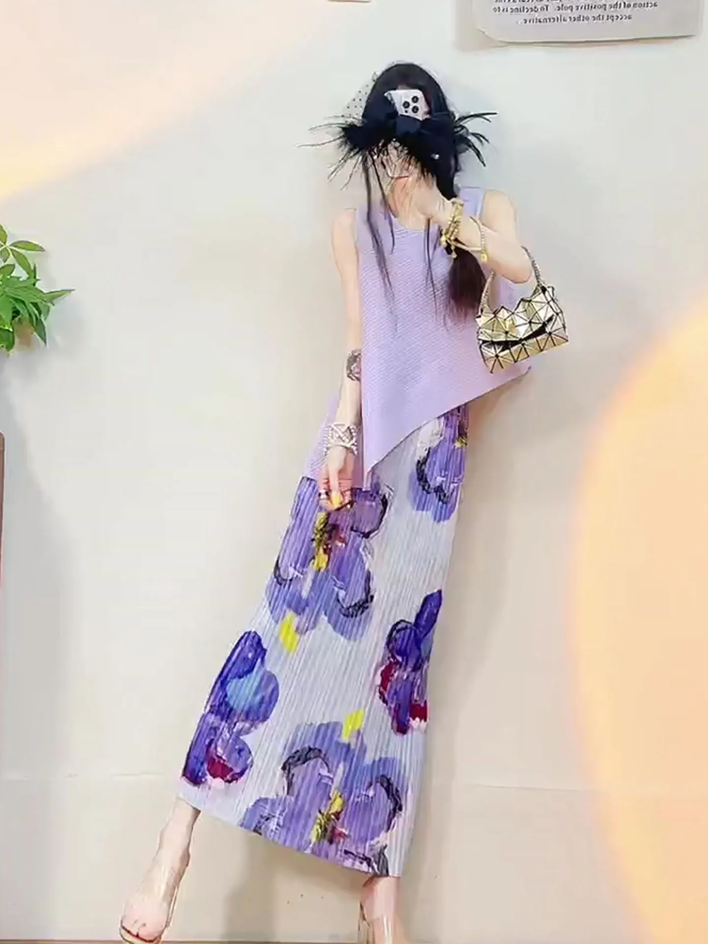 

Sli Purple Summer Outfit Women's Faion Set with Printed f Skirt And Folded Top Breathable Polyester round Ne Design