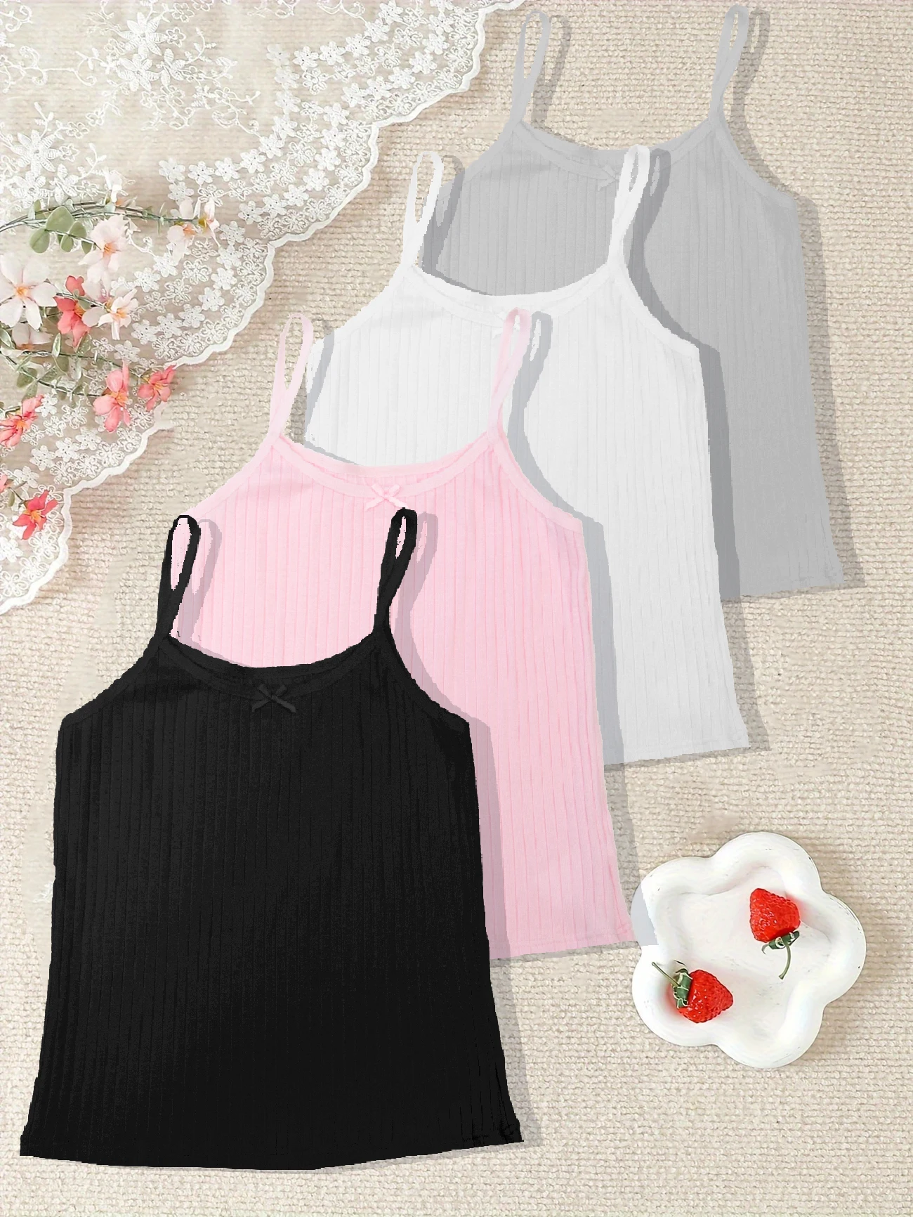 Girls' White Ribbed Tank Top with Floral Design, Casual Outerwear 3-Piece Set, Camisole Underwear