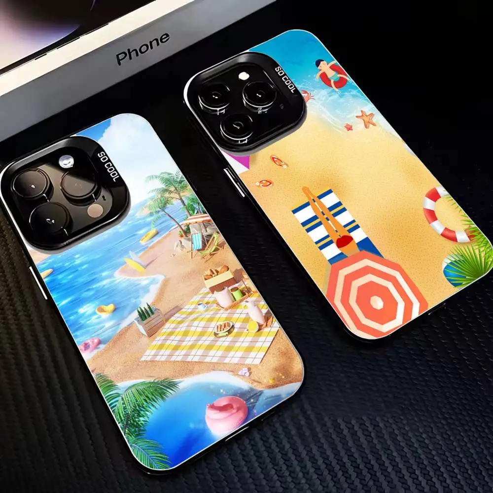 

Summer beach Phone Case For iPhone17,16,15,14,13,12,11 Plus,Pro Max Black Matte Shockproof Cover