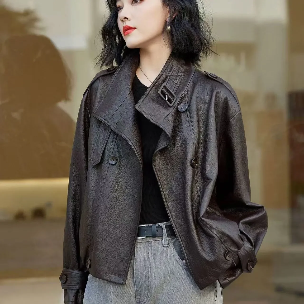 

High-End Chic Leather Jacket Women Short Outwear 2025 Spring Autumn New Stand Collar Loose Motorcycle Jacket Leather Jacket Top
