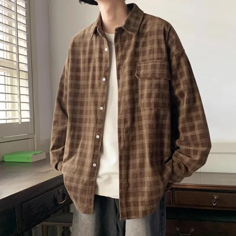 

Осенняя удлиненная свободная мужская верхняя одежда в крупную клетку из вельвета, топ для подростков, модная молодежная, из полиэстера