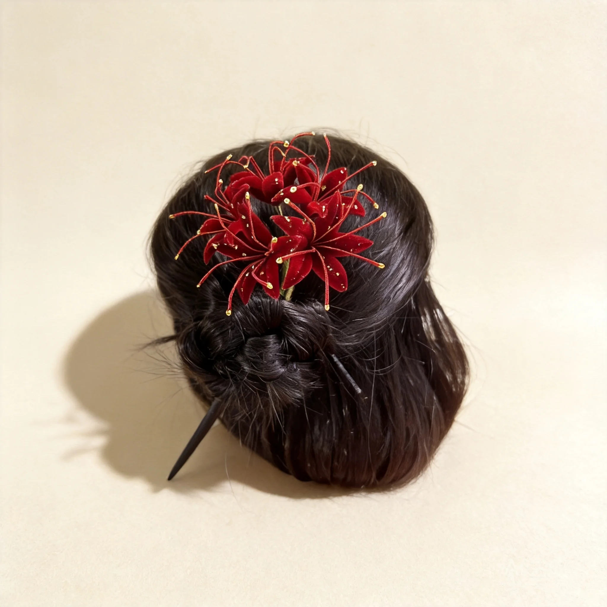 Chinese Style Lucky Red Spider Lily Velvet Flower Sandalwood Hair Stick Vintage Oriental Blessing Hanfu Hair Jewelry For Women