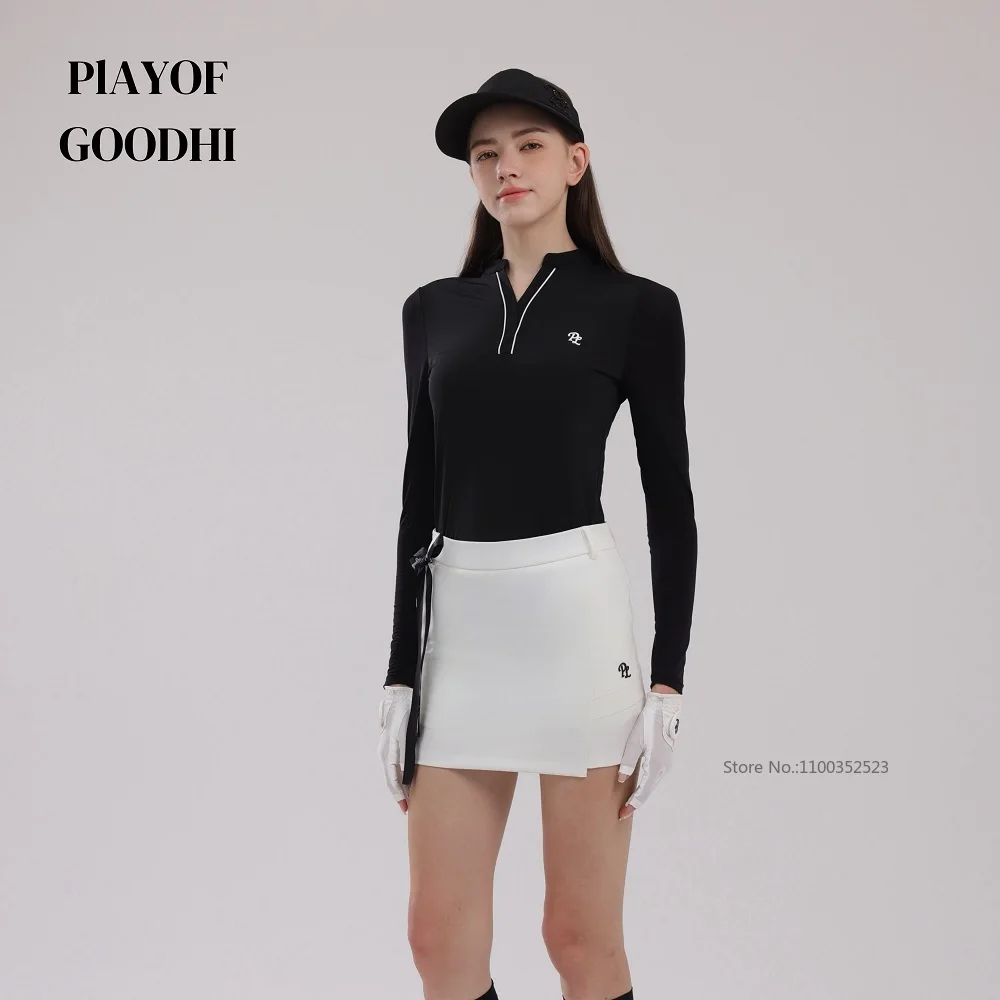 PL New Sunscreen Golf Shirts Women V-Neckl Sports Tops Slim Elastic Long-Sleeve T-shirt Lady High Waist Pencil Skirts Golf Wear