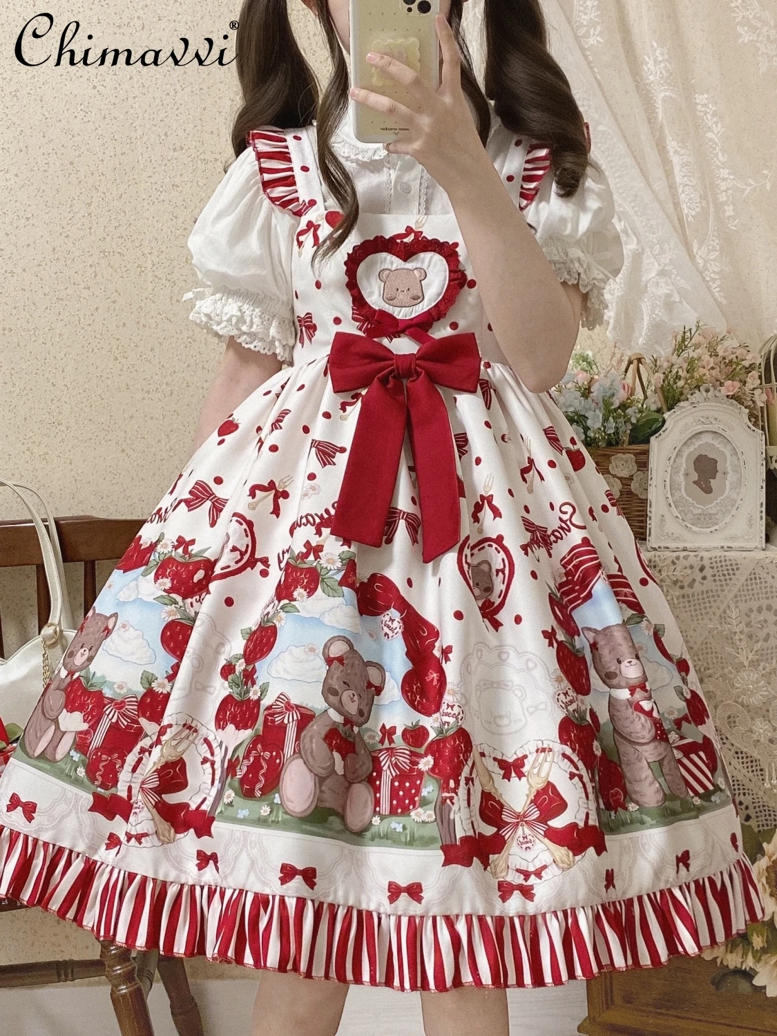 Original Design Sweet Strawberry Handle Bear Lolita Dress Daily Cute Girl Womens High Waist Kawaii Knee Lo Dresses Apron