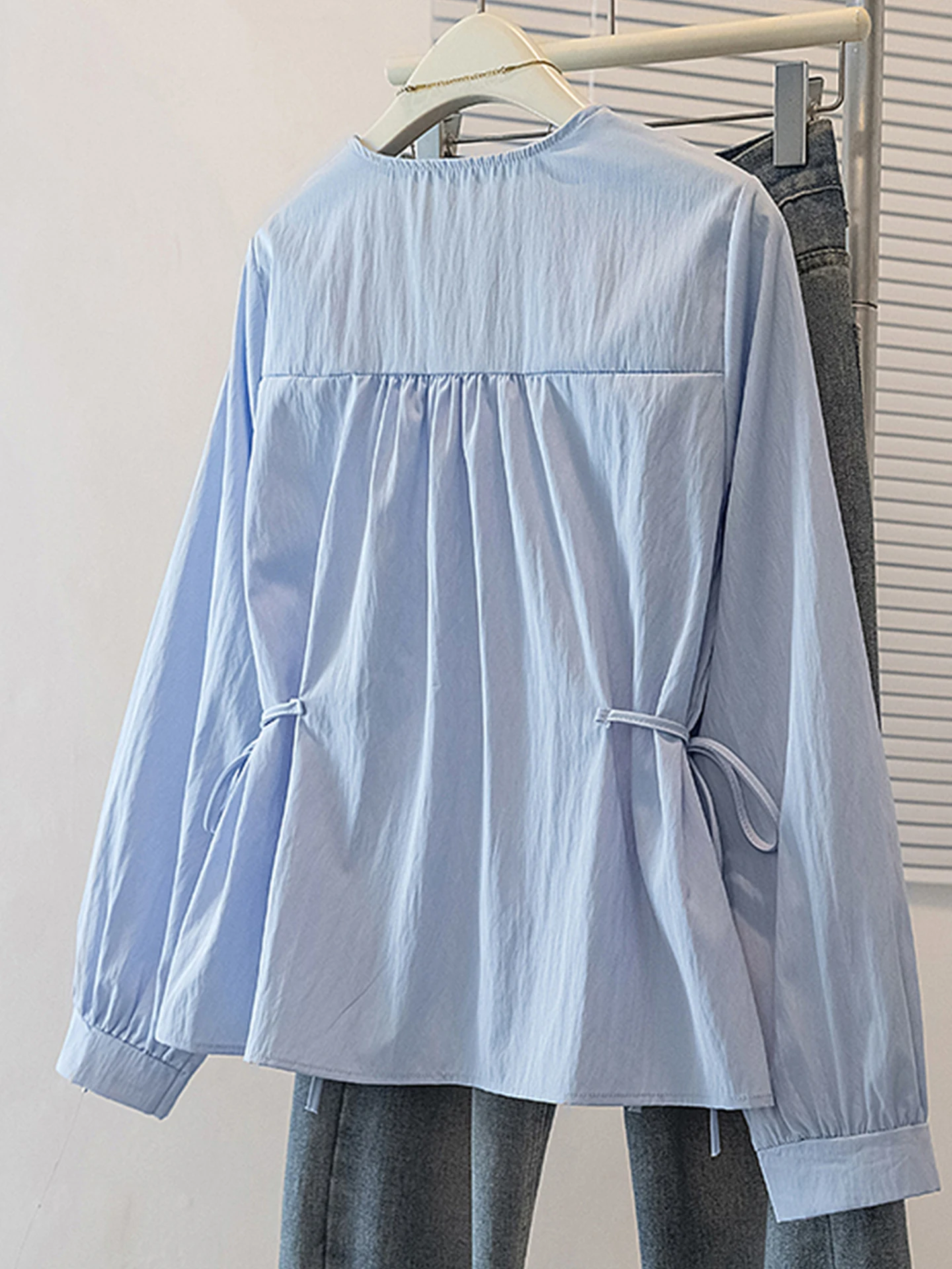 

Blue Long Sve irt V-Ne Утягивающая талия Дизайн Materni Wear Удобная дышащая корейская женская одежда Premium Faion