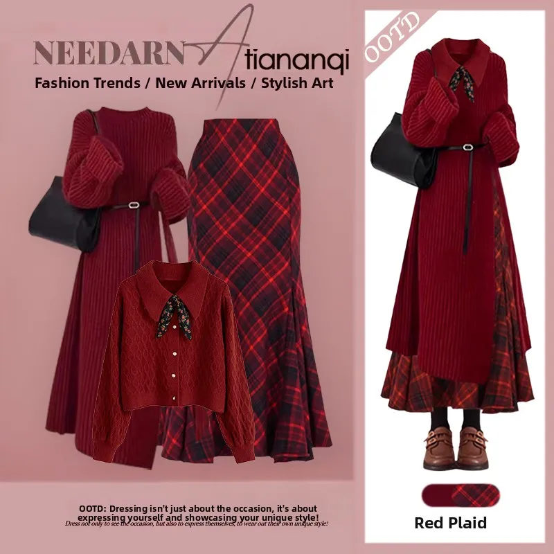 

Elegant Red Knitted Sweater Midi Skirt Set for Women Winter Season Fashionable Three-Piece Ensemble High-End Feel Checkered P...