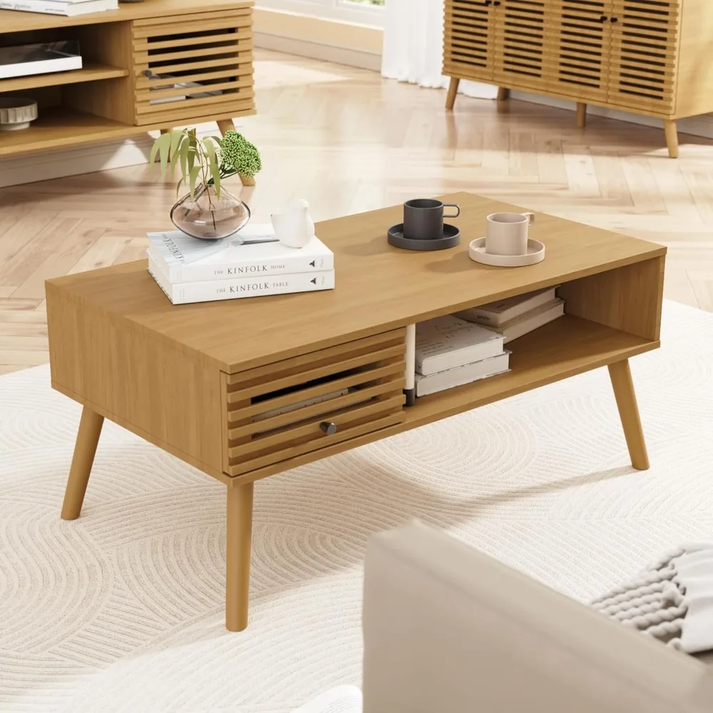 

Coffee Table, Mid Century Modern CoffeeTable with Storage, Living Room Center Table with Slatted Panel Drawer, Fluted Wood Coffe