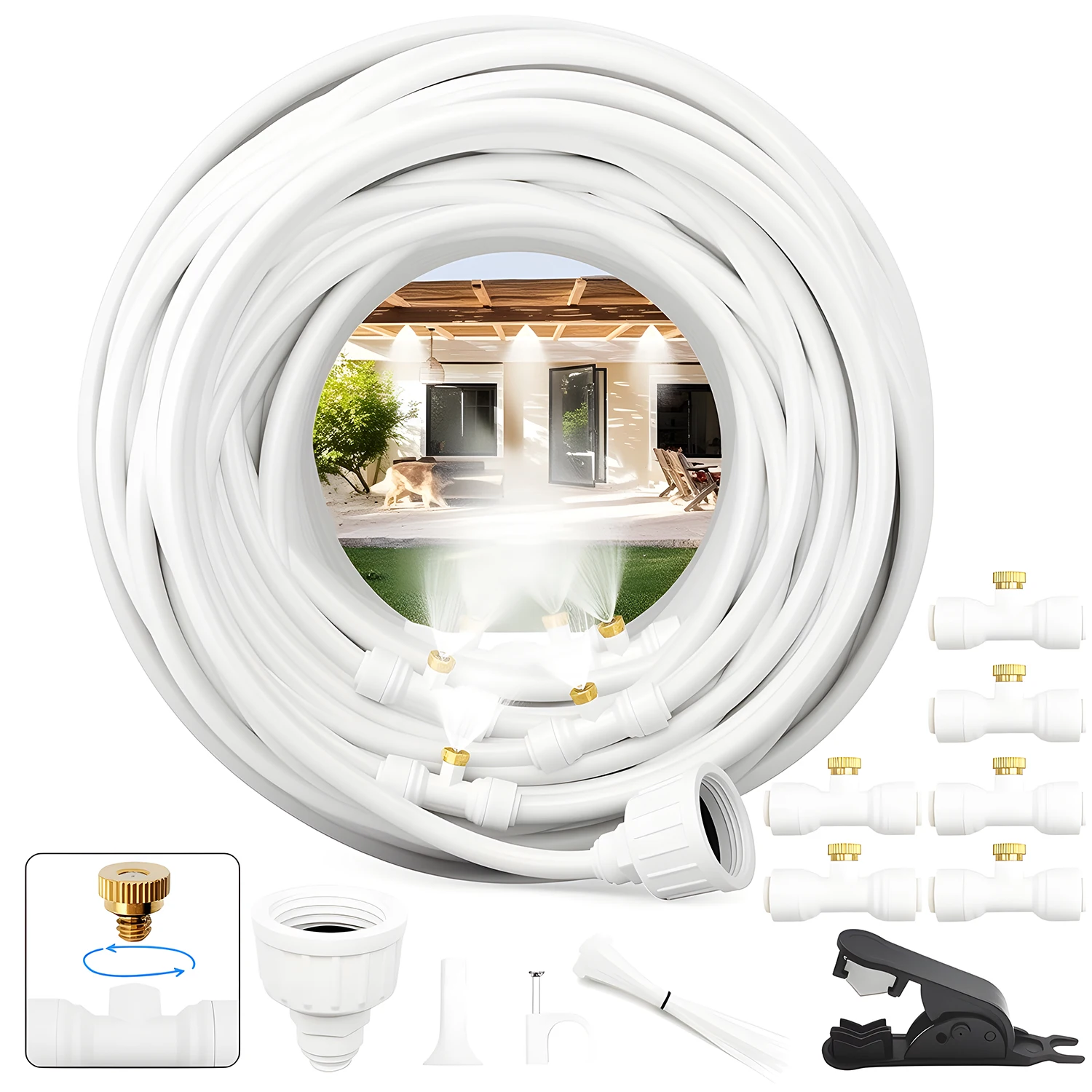 Misting Systems White, Outdoor Misting System for Cooling,  Mist hose + a Brass Adapter(3/4