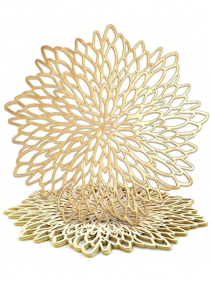 

12pcs Gold Floral Cutout Round Placemats 15in PVC Washable Non-Slip Heat-Resistant Table Decor