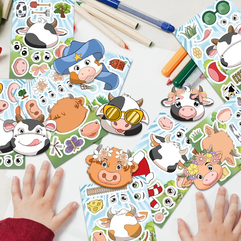8PCS Cartoon Little Cow Face Changing Assembly Sticker Dress up Little Cows with Facial Features Hat Sunglasse Accessorie Fun