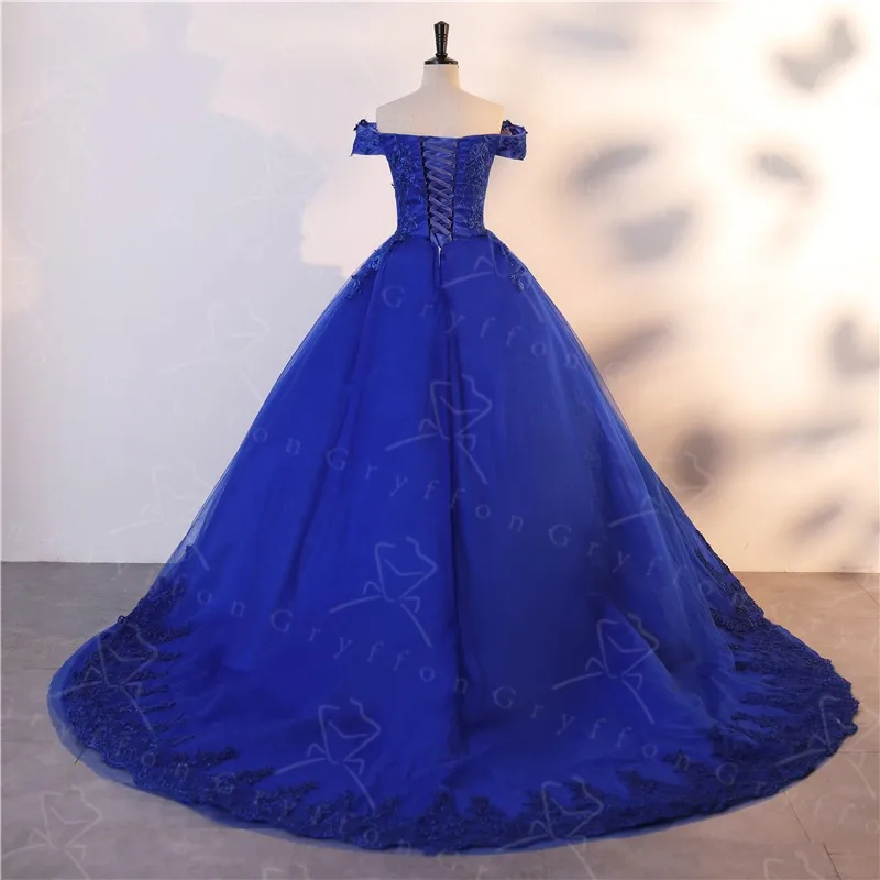 Autumn New Vestidos Blue Quinceanera Dress With Trian Elegant Off The Shoulder Ball Gown Luxury Party Dress Plus Size Prom Gown