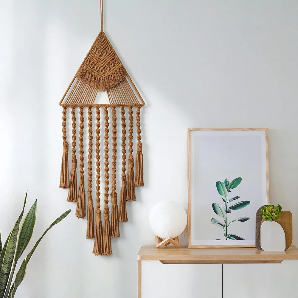 Macrame Dream Catcher Wall Hanging Decor Handmade Woven Boho Triangle Tassel Tapestry for Apartment Bedroom Home Decoration Gift