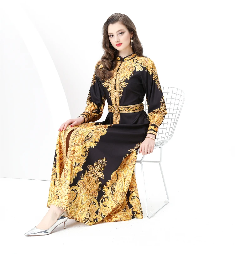 ZAROY Runway Lange Kleider Luxus Frauen Kleidung Vintage Barock Druck Langarm einreiher A-line Maxi Kleid Party Vestido