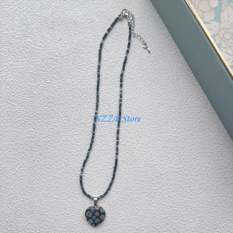 T21F Heart Pendant Beaded Necklace Bohemian Chokers Contrast Colored Jewelry