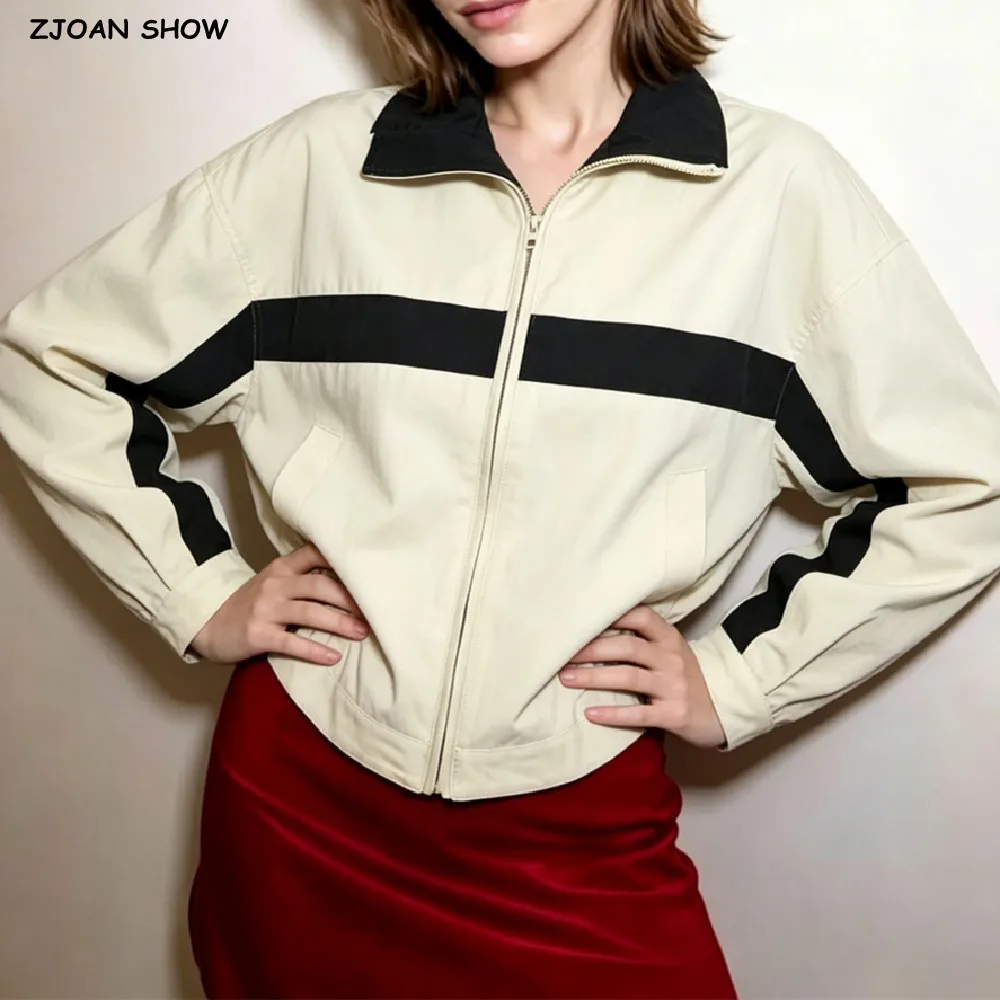 Autumn Contrast Color Zip Up High Collar Strip Safari Jackets Long Sleeve Windbreak Coat Loose Charge Outdoors Sports Outerwear