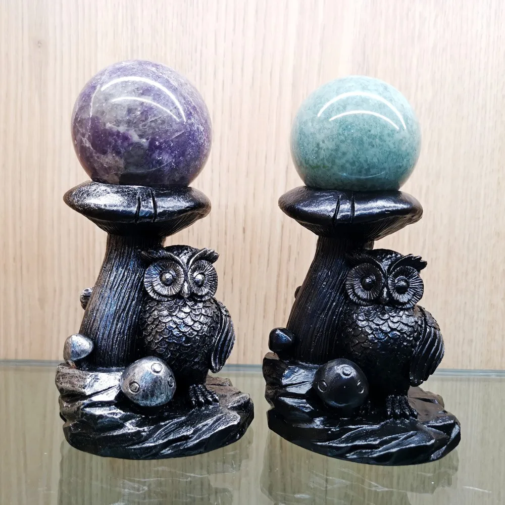 Owl Mushroom Statue Resin Ball Holder, Creative Ornaments, Crystal Sphere Stand, Display Base, Home and Office Decor