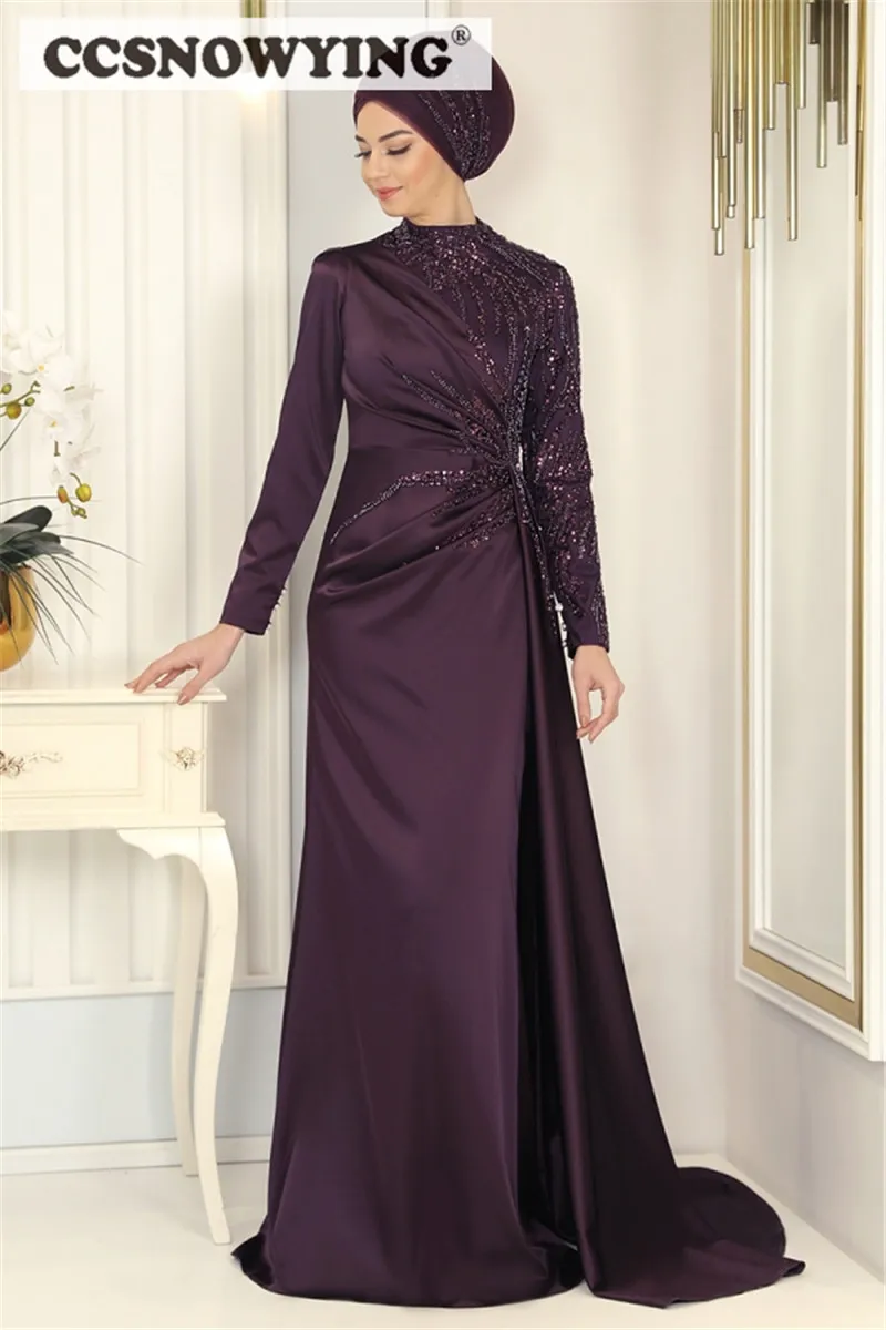 

Grape Long Sleeve Muslim Evening Dress Satin Islamic Hijab Formal Party Gown High Neck Arabic Dubai Kaftan Robes De Soirée