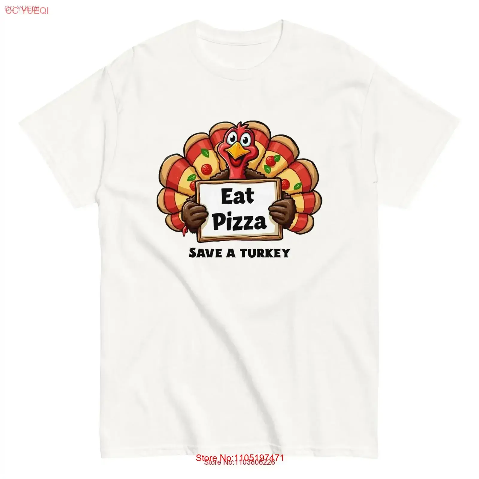 تي شيرت Eat Pizza Save a Turkey عتيق مغسول وممتد قليلاً برسومات كاجوال أوم قابلة للتنفس للجنسين، مريح وناعم #1