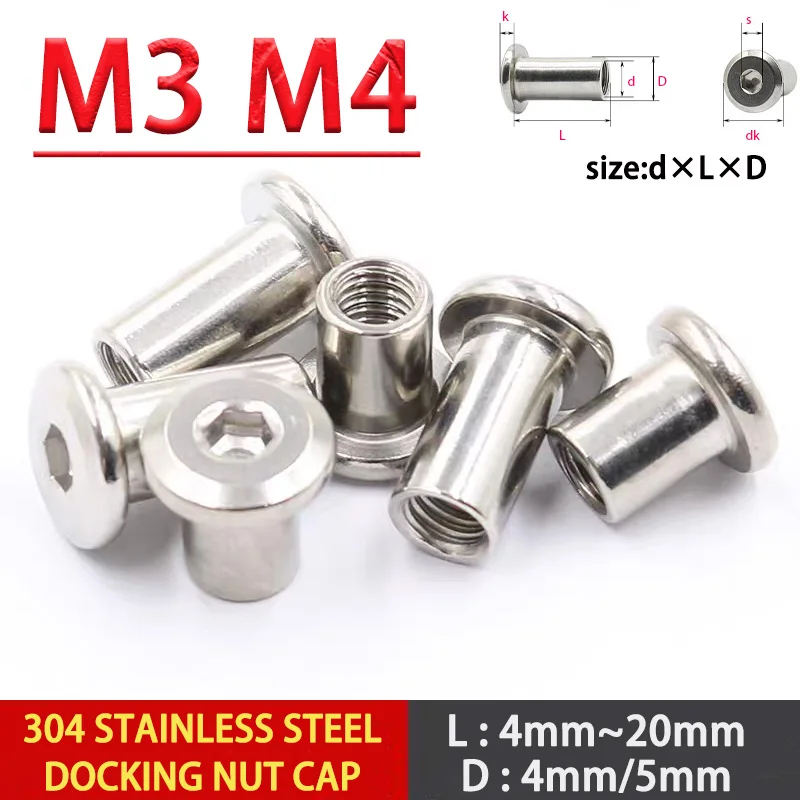 

10-20pcs M3 M4 304 Stainless Steel Large Flat Hex Socket Furniture Rivet Nut Connector Insert Joint Sleeve Cap Nut Screw
