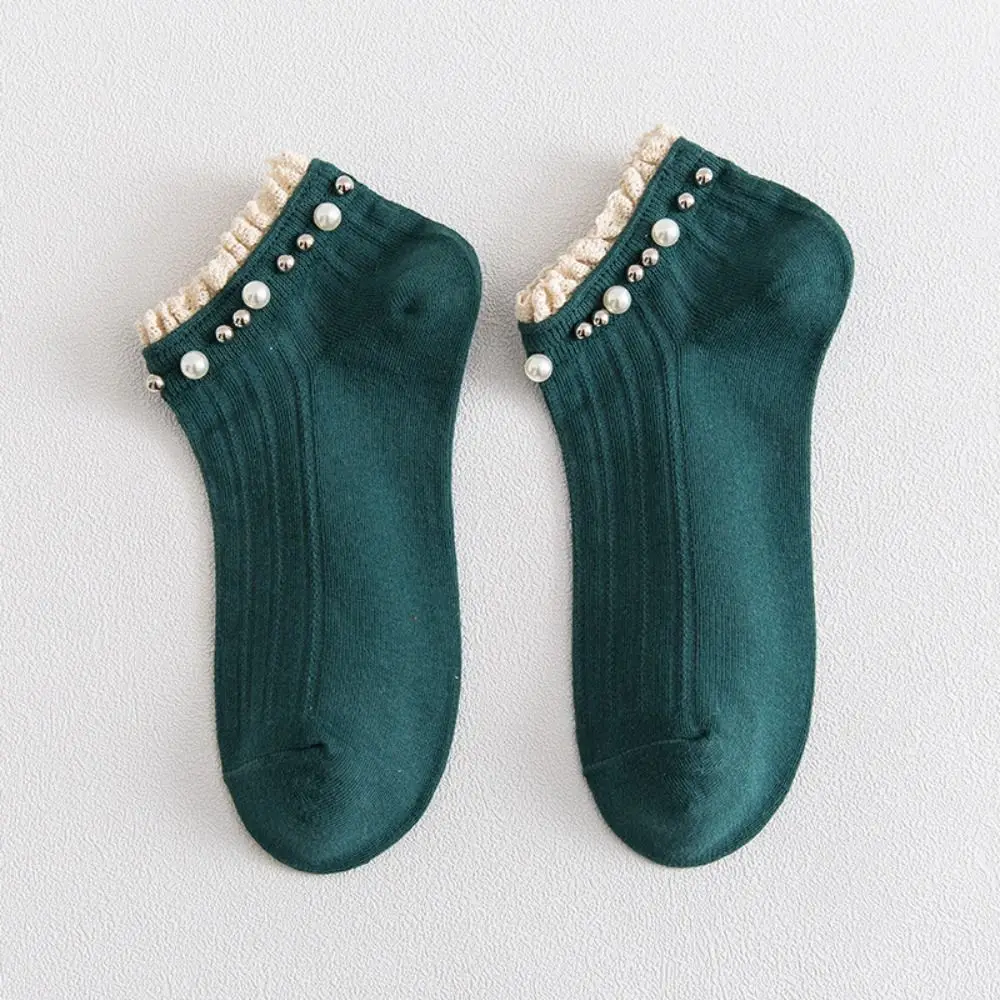 1Pair Elastic Women Ankle Socks Candy Color Breathable White Frilly Socks with Pearl preppy Style Lace Ruffle Socks Women Girls