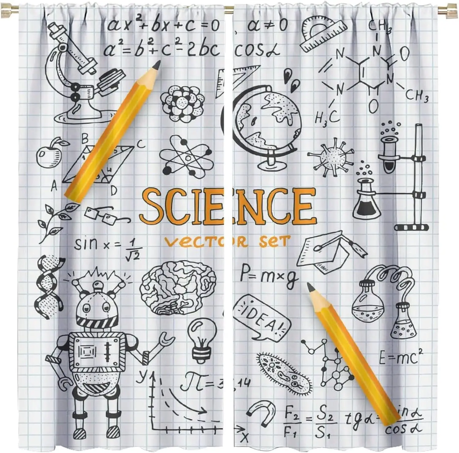 Aesthetic Science Pattern Curtains 2Pcs Math Chemistry Physics STEM Formula Classroom Decoration Academic Drapes Curtain Pair