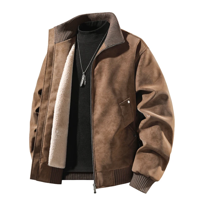 Men's Plus Size Fleece Lined PU Leather Jacket, Shiny Stand Collar Retro Moto Coat, Trendy Camouflage Thick Warm Men Outerwear