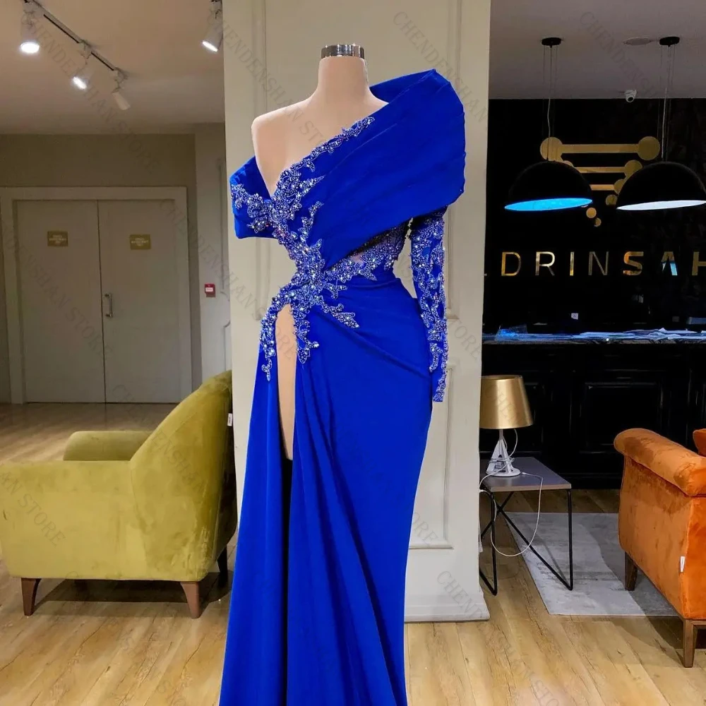 Royal Blue Sexy Prom Dress Side Slit Off-The-Shoulder New Arrival Sequined Beaded Appliques Evening Gown Custom Robes De Soirée