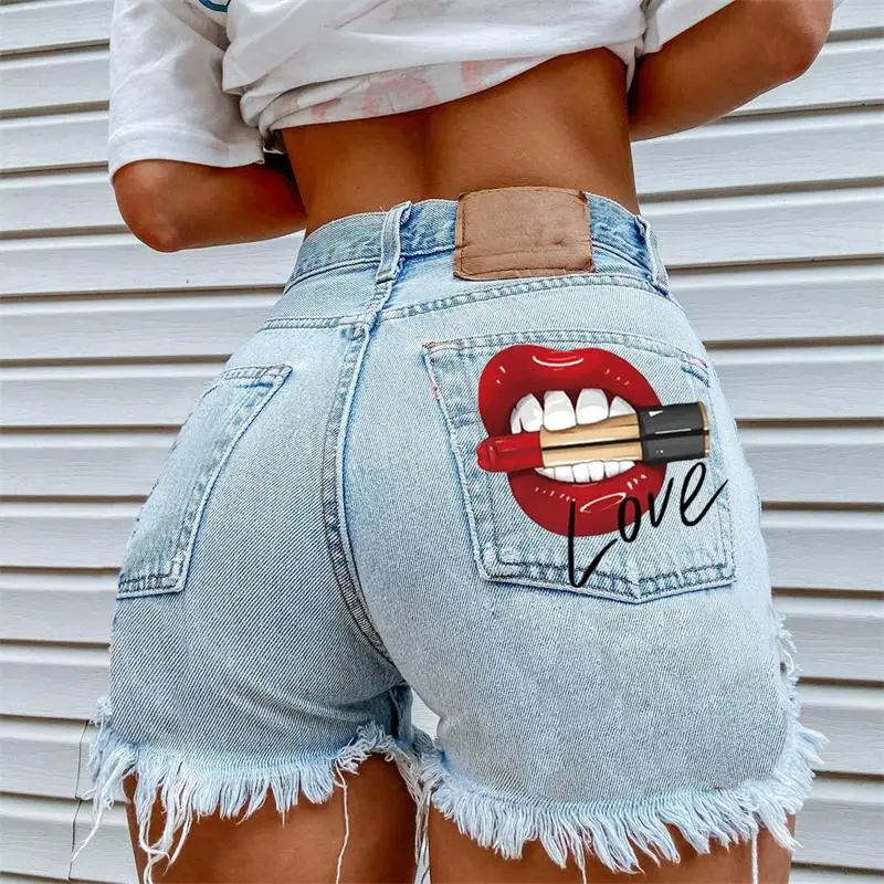 

Women's Denim Shorts 2024 Summer New Lip Bite Lipstick Street Style Casual Plus Size Denim Shorts