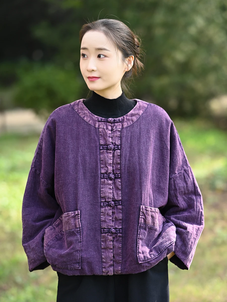 

Women Cotton Linen Thick Jackets New Arrival 2025 Autumn Vintage Style O-neck Solid Color Loose Female Outerwear Coats M2057