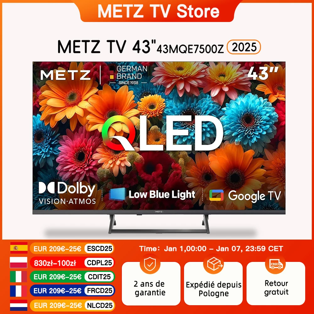 METZ QLED TV 43 pouces 4K télévision LED intelligente Google Tele HDR 10 MEMC DBX Dolby Atmos jeu Hub EyeCare Tuner 2025 43 MQF7500Z