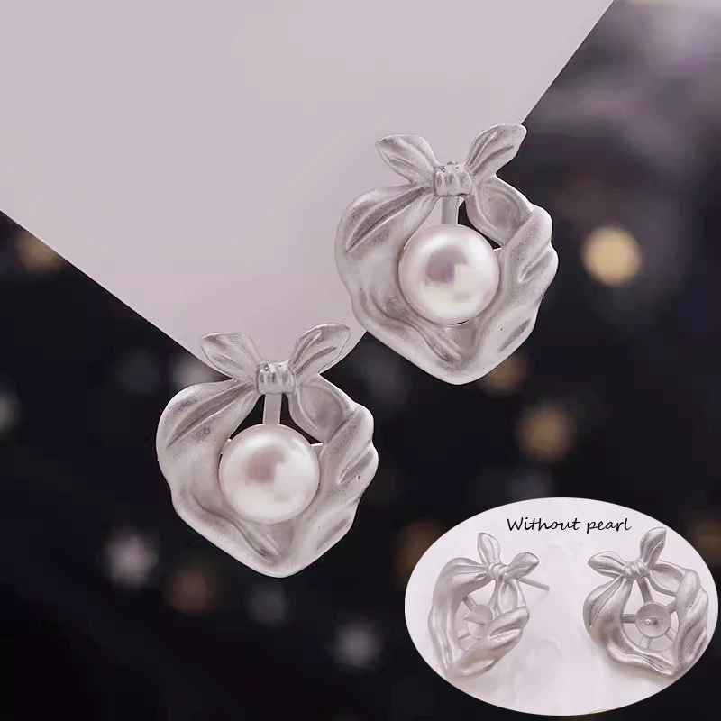 MeiBaPJ DIY 925 Silver Holder 8-9mm Natural Semiround Pearls Bow Frosted Old Stud Earrings Fine Wedding Jewelry for Women