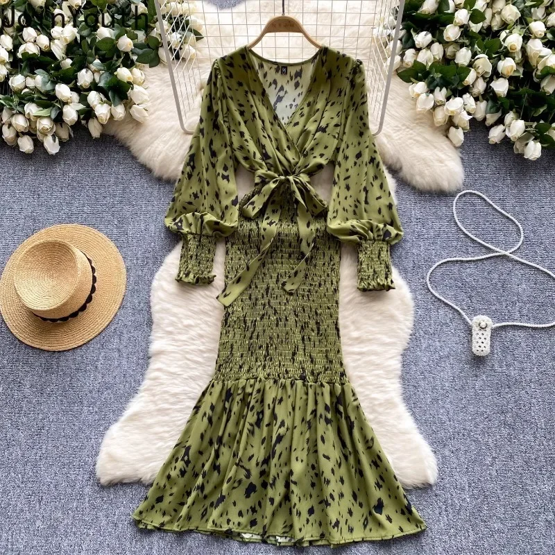 Vintage Woman Dress V-neck Lantern Sleeve Temperament Robe Femme Tunic Folds Bodycon Print Maxi Dresses 2024 Vestidos De Mujer