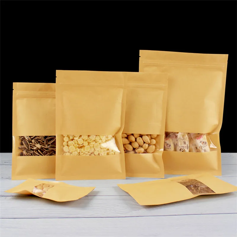 

100PCS Flat Bottom Kraft Paper Window Ziplock Bags Heat Sealing Coffee Sugar Powder Snack Nuts Cereals Gifts Packaging Pouches