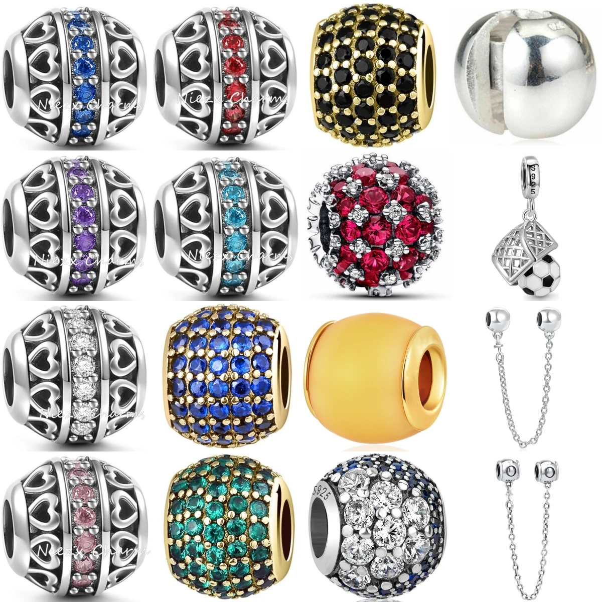 925 Sterling Silver Heart Hollow Rhinestone Beads Soccer Charms Safety Chain Black Red Blue Green DIY Bracelet Jewelry Gift