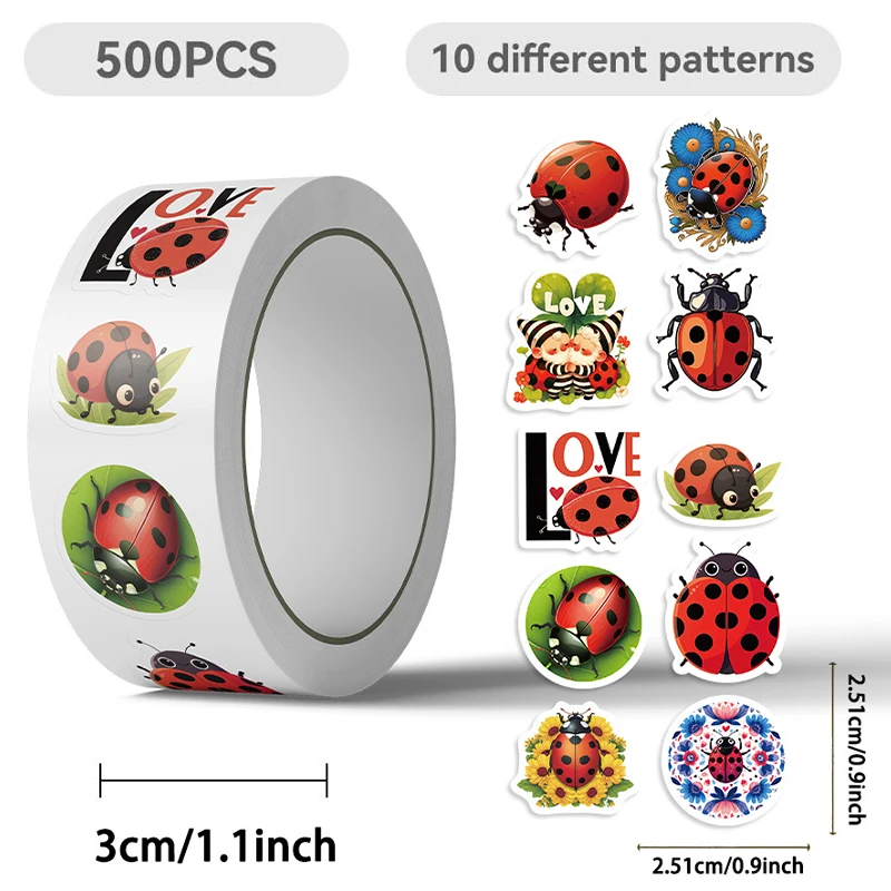 500PCS Ladybug Stickers Roll Aesthetics Cute Cartoon Insect Decals Roll Party Supplies Decoration Waterproof Insect Label - view 6